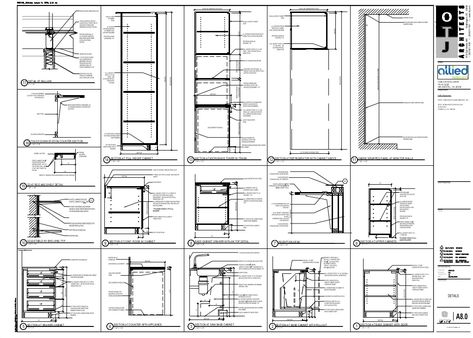 10  12  SECTION AT REFRIGERATOR WITH CABINET ABOVE  1 1/2" = 1'-0"  5  SECTION AT DRAWER CABINET  1 1/2" = 1'-0" 3 2 1SECTION AT... Cabinet Drawing, Kitchen Blueprints, Kitchen Cabinets Measurements, Drawer Section, Kitchen Joinery, Furniture Details Drawing, Kitchen Elevation, Details Furniture, Millwork Details