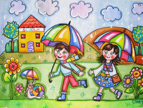 Rainy Day Drawing Ideas, Rainy Day Drawing For Kids, Rainy Day Drawing, Easy Art For Kids, Drawing Lessons For Kids, School Wall Art, Oil Pastel Paintings, Easy Drawings For Kids, Oil Pastel Art