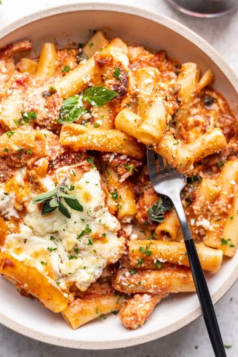 Baked Ziti With Chicken Sausage, Pasta Italian Sausage Recipes, Sausage Pasta Bake Recipes, Baked Ziti With Sausage And Ricotta, Baked Ziti For 2, Dinners To Cook Together Romantic, Ricotta Baked Ziti, High Protein Baked Ziti, Baked Ricotta Pasta