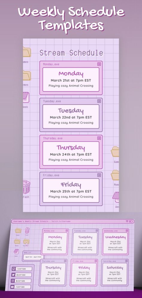 Purple Retro Lofi Twitch YouTube Weekly Stream Schedule - Cute Purple Aesthetic, Cozy Lofi Windows Cute Purple Aesthetic, Stream Schedule Template, Stream Schedule, Twitch Streaming Setup, Start Youtube Channel, Purple Retro, Gamer Setup, Streaming Setup, Schedule Templates