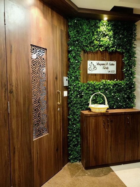 Trending beautiful wooded door ideas Home Main Entrance Design, Design For Safety Door, Main Door With Name Plate Design Entrance, Entrance Wall Design Front Entry Home, Safety Door Wooden, 2 Main Door Design Entrance, Flats Main Door Design, Main Entrance Wall Design Modern, Flat Enterence Design