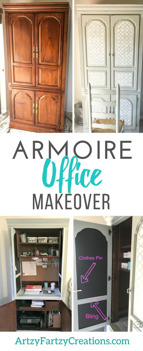 Desk Armoire Diy Home Office, Armoire Office, Home Office Wardrobe, Office Armoire, Armoire Repurpose, Office Organization Ideas, Cozy Office Space, Armoire Diy, Armoire Ikea