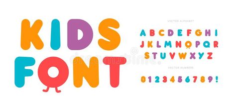 Kids letters and numbers set. Cartoon bold style alphabet. Childish font for events, promotions, logos, banner, monogram. And poster. Vector typography design vector illustration Childish Font, Kids Branding Design, Kids Letters, Kids Graphic Design, Free Monogram Fonts, Baby Logo Design, Candy Logo, Toys Logo, Vector Typography