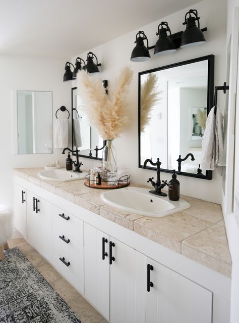 Fixer Upper House Archives - Styled By Kasey Neutral Interior With Black Accents, White House Black Accents Interior Design, Neutral Black Home Decor, Neutral And Black House Decor, White Home With Black Accents, Neutral House Decor Interior Design, Decor Between Bathroom Mirrors, Black Modern House Decor, Black Accents In Bathroom