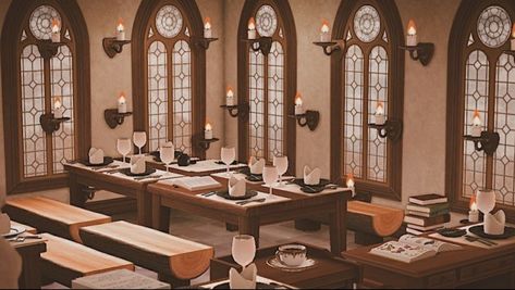 This beautiful rendition of The Great Hall from Harry Potter was created by acnh_rooms from Instagram. #animalcrossingnewhorizons #animalcrossing #acnh animal crossing new horizons, Harry Potter, dining room Animal Crossing Slytherin, Acnh Dining Room, Ravenclaw Animal Crossing, Animal Crossing Dining Room, Acnh Hogwarts Design, Animal Crossing Hogwarts Design, Acnh Harry Potter, Animal Crossing Room, Acnh Harry Potter Designs