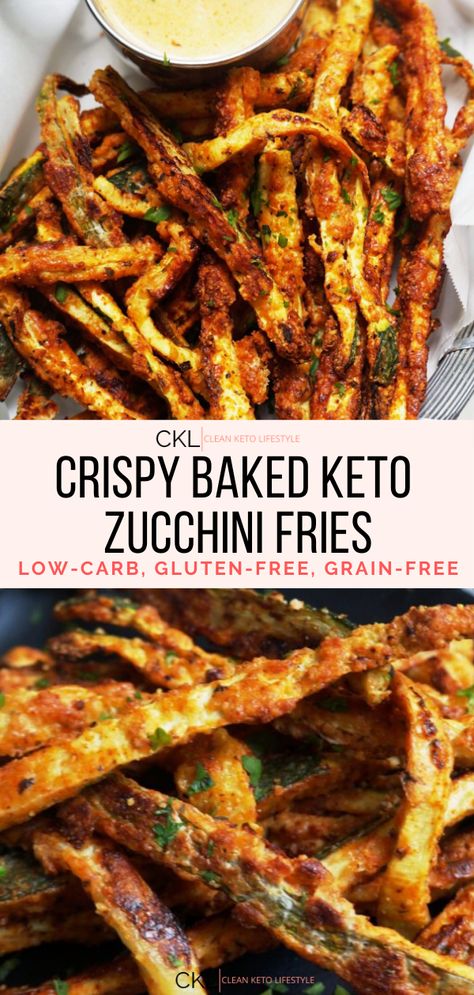 These Keto Zucchini Fries are super simple and so so good. The texture couldn’t be any better and we are officially in love! These baked crispy "fries" are keto, low-carb, grain-free, and gluten-free! Keto Zucchini Fries, Keto Zucchini, Clean Keto, Breakfast Low Carb, Low Carb Sides, Low Carb Side Dishes, Keto Side Dishes, Zucchini Fries, Healthy Low Carb Recipes