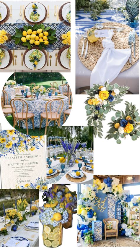 Blue Yellow White Wedding Theme, Amalfi Coast Wedding Theme, Mediterranean Themed Wedding, Mediterranean Theme Party, Blue And Yellow Wedding Theme, Navy Blue And Yellow Wedding, Wedding Lemon, Blue And Yellow Wedding, Classic Blue Wedding