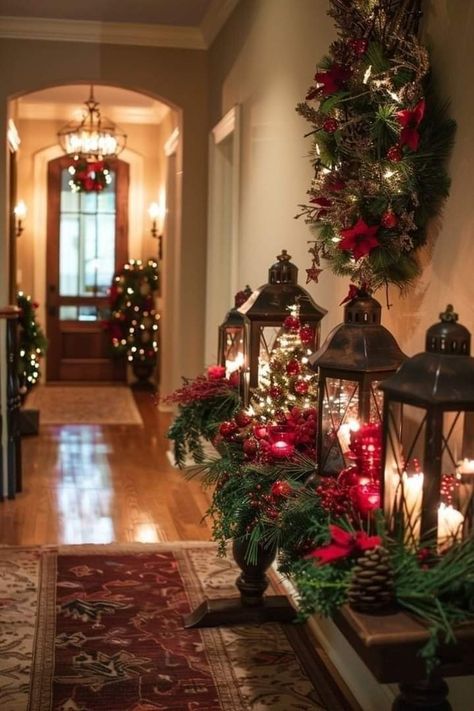 Christmas Landing Decor, Xmas Entryway Decor, Holiday Entryway Table Decor, Christmas Decor Hallway Entryway, Foyer Ideas Entryway Christmas, Christmas Party Photo Booth Ideas, Foyer Table Christmas Decorating Ideas, Christmas Decor For Entryway, Christmas Entryway Ideas