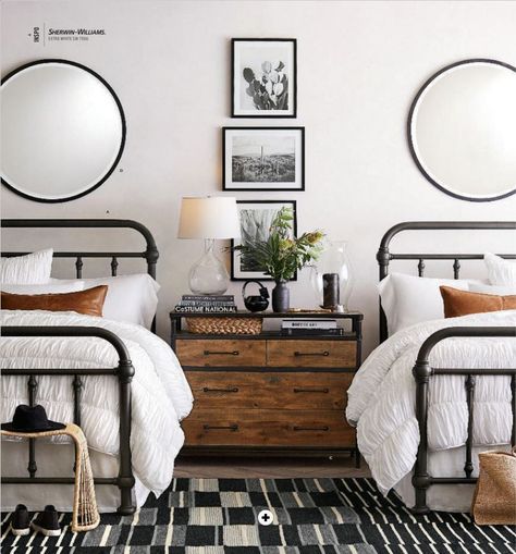 Pottery Barn Bed and Bath Summer 2019 Catalog. Black and White Inspiration Reclaimed Wood Dresser, Twin Beds Guest Room, Country Bedrooms, Two Twin Beds, Industrial Bedroom, Twin Beds, Twin Bedroom, Rustic Bedroom, White Bedroom