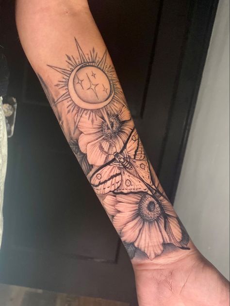 Moth Sleeve Tattoo Design, Sun And Moon Sleeve Tattoos For Women, Sun Flower Sleeve Tattoo, Lunar Moth Sleeve Tattoo, Solar System Tattoo Ideas, Sun And Moon Tattoo Flowers, Sun And Moon Forearm Tattoo Women, Sun Moon Stars Sleeve Tattoo, Sun And Moth Tattoo