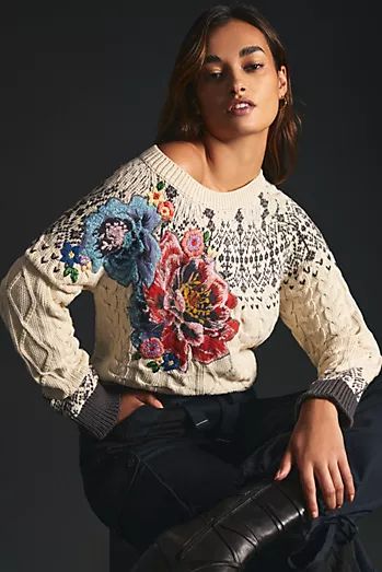 C Fashion, Knit Sweaters, Embroidered Sweater, Fair Isle Sweater, Anthropologie Sweater, Cotton Pullover, Anthropologie Sweaters, Accessories Ideas, Color Block Sweater