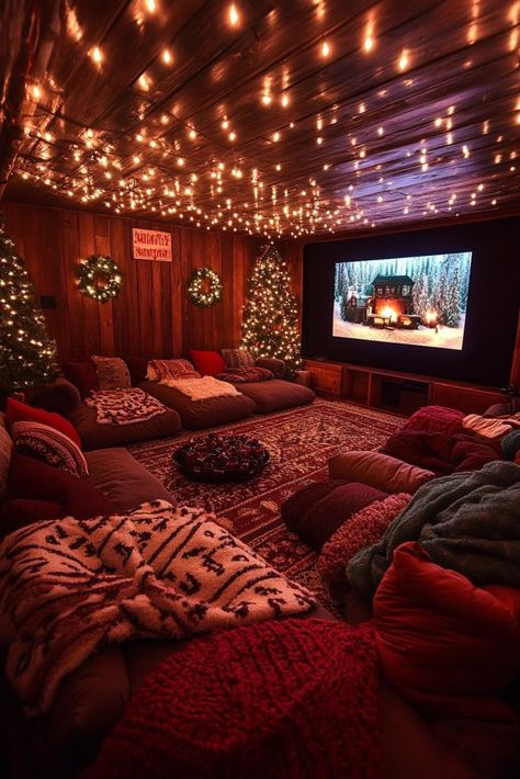 29 Christmas Aesthetic Ideas to Capture the Spirit of the Season 16 Cozy Projector Room Ideas, Christmas Lights Party Decor, Basement Sleepover Setup, Christmas Movie Night Decorations, Cozy Christmas Movie Night Aesthetic, Large Room Christmas Party Decor, Christmas Movie Night Set Up, Christmas Sleepover Decorations, Christmas Movie Marathon Aesthetic