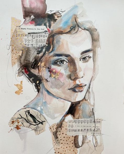 Portrait Art Techniques, Watercolour Portrait Artists, Textile Portraits Mixed Media, Mixed Media Art Portrait, Mix Media Portrait, Watercolour Collage Mixed Media, Watercolour Mixed Media, Art Inspo People, Portrait Mixed Media