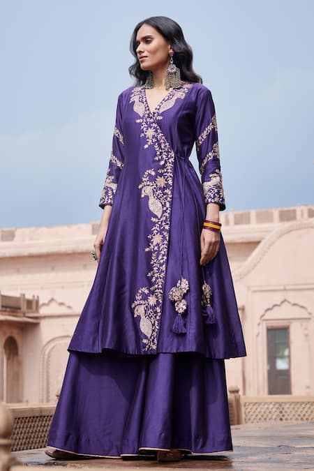 Angrakha With Sharara, Three Piece Dress For Women Indian, Purple Dress Indian, Purple Indian Outfit, Plain Sharara, Pakistan Suits, Angrakha Suit, Angrakha Style Kurti, Desi Suits