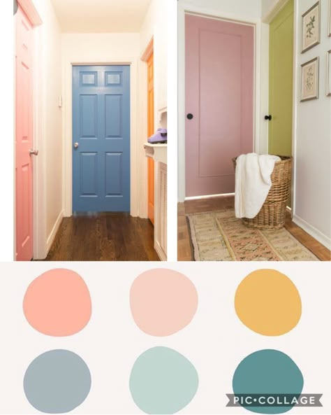 Colorful Hallway Doors, Different Color Doors In Hallway, Hallway With Different Color Doors, Colorful Indoor Doors, Colour Door Frame, Colors For Hallways, Pastel Hallway, Colourful Doors, Painted Door Frames Interior