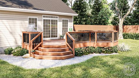 Deck Plan | Recon Multi Level Front Porch, Rounded Deck Stairs, Cascading Deck Stairs, Two Tier Deck With Above Ground Pool, Wrap Around Decks And Porches, Porch Addition Before And After, Wrap Around Pool Deck, Corner Stairs On Deck, Small Deck Ideas With Stairs