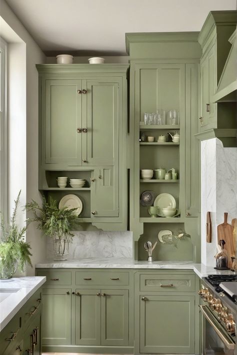 Sage Green Kitchen Cabinets, Kitchen Trend, Trendsetter, 2024 Kitchen. Sage Green Cupboards Kitchen, Cream And Sage Green Kitchen, Pastel Green Kitchen Decor, Small Kitchen Sage Green Cabinets, Muted Sage Green Kitchen Cabinets, Saybrook Sage Kitchen Cabinets, Sage Green Kitchen Colour Scheme, Sage Green Kitchen Cabinets Marble Countertops, Mint Green Kitchen Cabinets