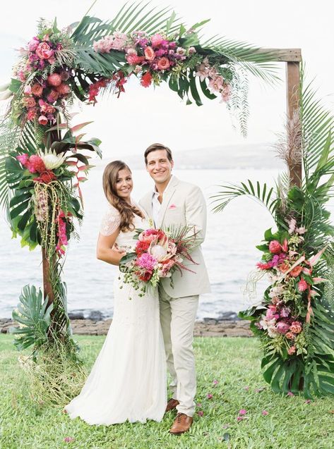 Floral Arch Hawaiian Wedding Decoration. Pink and Green Flower Arch Decorations. Oceanfront Hawaii Wedding, Tropical Wedding Arch Ideas Tropical Wedding Theme, Beach Wedding Decorations Reception, Casual Beach Wedding, Rustic Wedding Decorations, Tropical Beach Wedding, Tropical Wedding Flowers, Wedding Arch Flowers, Arch Flowers, Have Inspiration