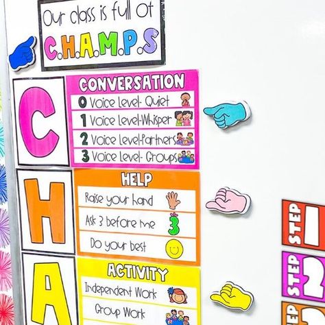 Madison Rowe on Instagram: "If you’re wanting to revamp your classroom management routine next school year, these are two of my faves that I use with students before EVERY activity! ✨ 💖 Quickly setting CHAMPS expectations together before each lesson and activity helps to keep students on task. 💖 Displaying step by step visual directions before sending students off to do an independent activity helps to keep students on track. To grab these resources and to read more about how I use these th Champs Classroom Management, Voice Levels, Responsive Classroom, Independent Activities, Behaviour Management, Classroom Organisation, Resource Room, 4th Grade Classroom, Teaching First Grade