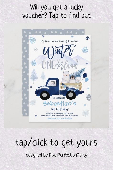 Birthday Penguin, Winter Onederland Invitations, Onederland Party, Winter Invitations, Winter Onederland Party, Blue Truck, Snow Much Fun, Winter Blue, Winter Onederland