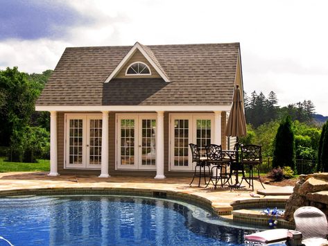 Outdoor Pool Houses | Prefabricated Pool House | NY & CT Homestead Structures, Outdoor Pool House, Small Pool House, Vinyl Siding House, Backyard Pool House, Prefab Pool House, Pool House Shed, Backyard Plans, Pool House Design