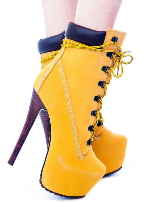 Timberland High Heels, Camel Ankle Boots, Platform Heel Boots, Timberland Heels, Heel Sandals Outfit, Timberland Boots Outfit, Platform Heels Boots, Yellow Boots, Unique Women