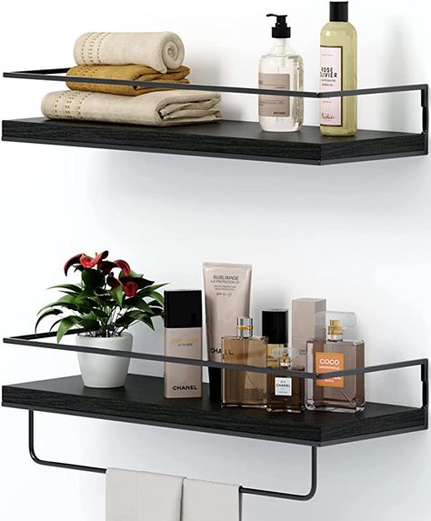 Amazon.com: Shario Rustic Black Floating Shelves - Set of 2, Wall Mounted Hanging Shelves with Black Towel Rack, Decorative Storage Shelves for Bathroom, Kitchen, Living Room & Bedroom (Rustic Black) : Home & Kitchen Black Wall Shelves, Shelves For Bathroom, Rustic Wood Floating Shelves, Black Floating Shelves, White Floating Shelves, Floating Shelves Bathroom, Wall Shelf Decor, Black Towels, Wood Floating Shelves