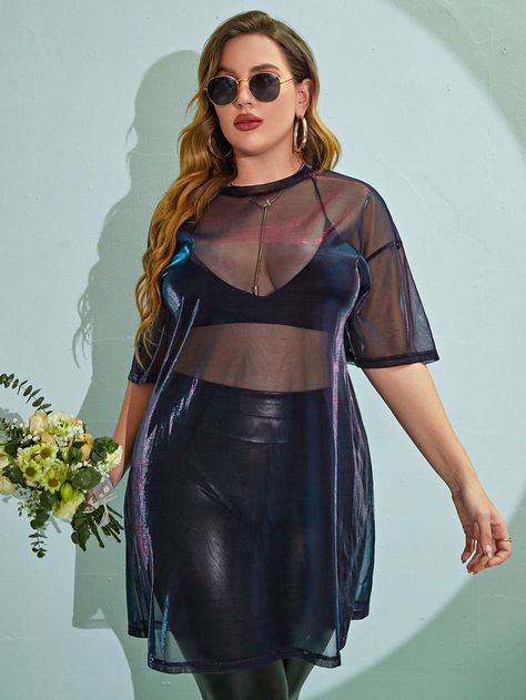 Black Sexy  Half Sleeve Mesh Plain   High Stretch Summer Plus Size Tops Edc Plus Size Outfits, Plus Size Mesh Top Outfit, Edc Rave Outfits Plus Size, Plus Size Festival Fashion, Plus Size Night Out Outfit Clubwear, Plus Size Rave Outfits, Plus Size Night Out Outfit, Rave Outfits Plus Size, Mesh Top Outfit