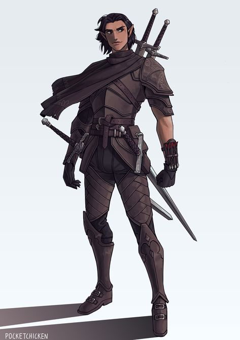 ArtStation - Half elf with just enough swords Half Elf Dnd, Rogue Dnd, Rogue Character, Dnd Paladin, Elf Drawings, Elf Ranger, Dnd Elves, Male Elf, Character Commission