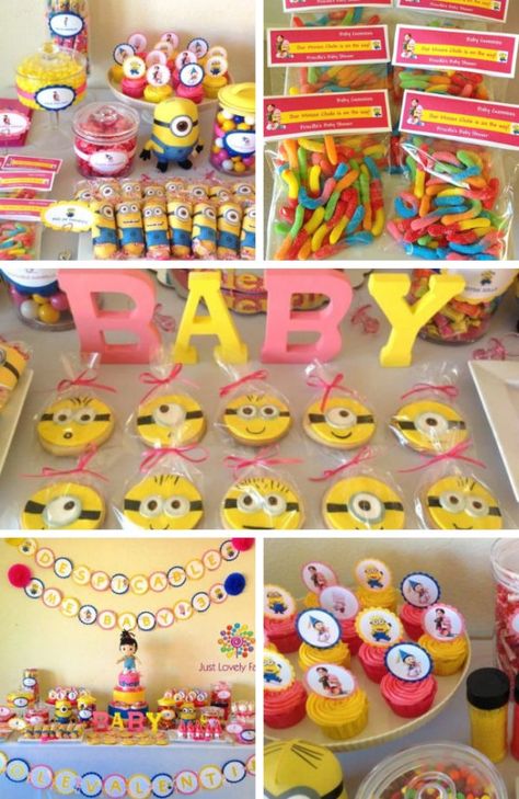 Minion Baby Shower Ideas, Girly Minion Birthday Party, Minion Plate, Despicable Me Party Food, Minion Birthday Backdrop Ideas, Despicable Me Themed Food, Minion Candy, Minion Baby Shower, Pink Minion