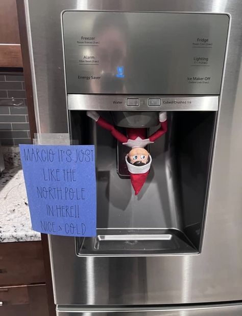 Elf On The Shelf Freezer Ideas, Elf On Shelf Fridge Ideas, Elf In The Fridge Ideas, Elf On The Shelf Ideas Fridge, Elf On The Shelf Fridge Ideas, Elf On The Shelf Kitchen Ideas, Fridge Ideas, Elf Stuff, Elf Shenanigans