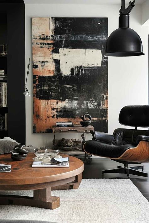 Unique industrial artworks serving as statement decor elements. Modern Industrial Home Decor, Minimal Industrial Interior, Industrial Modern Living Room, Urban Industrial Living Room, Industrial Interior Design Living Room, Industrial Chic Home, Industrial Living Room Ideas, Loft Aesthetic, Beautiful Houses Exterior