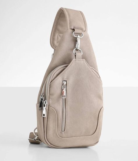 Faux Leather Sling Backpack - Women's Bags in Grey | Buckle Hip Bag Pattern, One Shoulder Backpack, Sling Pack, Backpack For Women, Grey Bag, Shoulder Backpack, Hip Bag, Backpack Purse, Bags Backpacks