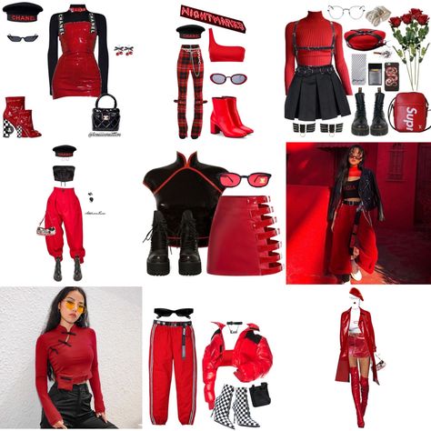 Red And Black Concert Outfit Ideas, Skz Red Outfit, Red Black Concert Outfit, Red Kpop Outfits Male, Kpop Red Outfit, Black And Red Concert Outfits, Red Kpop Outfits, Red And Black Concert Outfit, Enhypen Concert Outfit Ideas Dark Blood