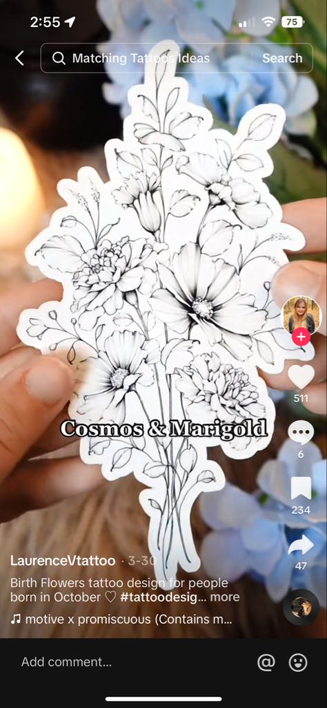 Marigold And Cosmos Flower Tattoo Sleeve, October Birth Flowers Tattoo, September And October Flower Tattoo, October Birth Flower Tattoo Marigold And Cosmos, Marigold Cosmos Flower Tattoo, Cosmo And Marigold Flower Tattoo, October Flowers Tattoo, October Birthday Tattoo, Marigold And Cosmos Tattoo