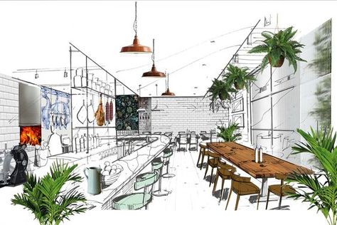 Timeless and Inviting: Restaurant Interior Design Drawing Interior Architecture Sketch, Architecture Restaurant, Interior Design Sketchbook, Furniture Design Sketches, Interior Design London, Interior Design Renderings, Interior Architecture Drawing, Interior Design Drawings, Interior Design Sketch