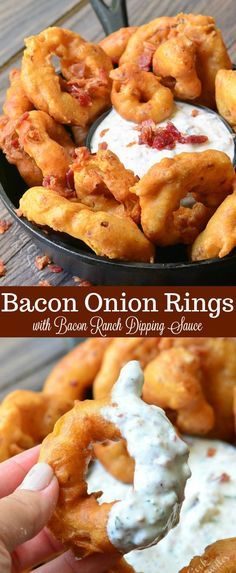 Bacon Onion Rings Recipe with Bacon Ranch Dipping Sauce. This fabulous appetizer is made with bacon bits mixed right into the batter and paired with easy, homemade bacon ranch dip. #appetizer #bacon #onionrings #dip #onions #snack Battered Bacon, Bacon Onion Rings, Bacon Wrapped Onion Rings, Baked Blooming Onion, Bacon Ranch Dip, Recipe With Bacon, Onion Rings Recipe, Ranch Dipping Sauce, Homemade Bacon