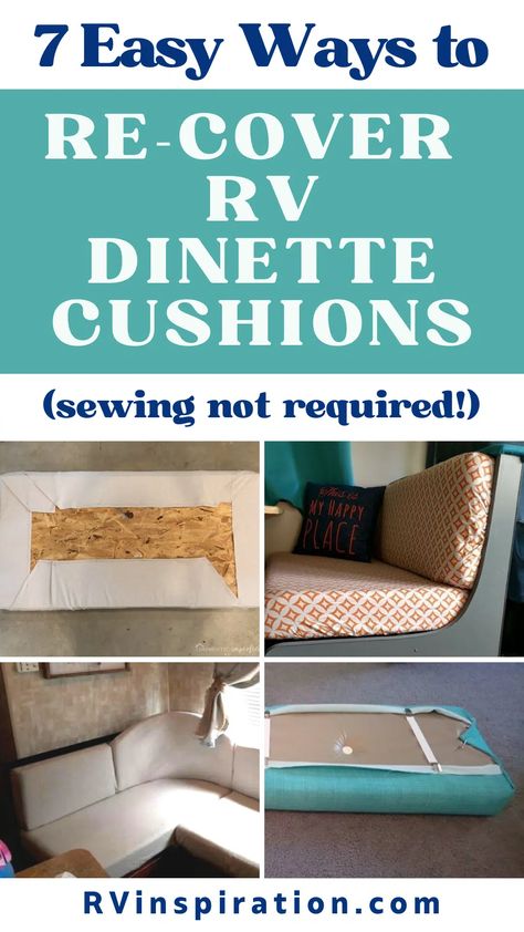 Ideas for covering, reupholstering, or replacing ugly, worn, or stained RV dinette booth cushion covers | RVinspiration.com Diy Rv Dinette, Rv Dinette Cushion Covers, Camper Table, Rv Dinette, Camper Cushions, Diy Cushion Covers, Dining Booth, Rv Furniture, Cushion Cover Pattern