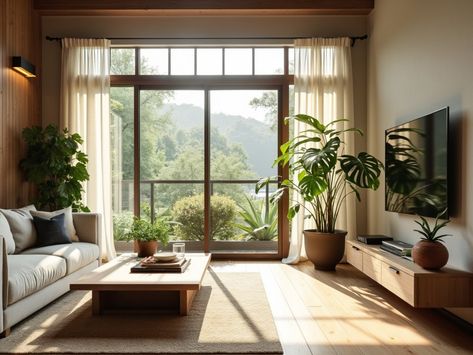 interior disign Natural Lighting Home, Natural Light Window, Soft Curtains, Interior Design Plants, Interior Design Renderings, Hudson Homes, Simple Interior Design, Natural Living Room, Living Room Plants