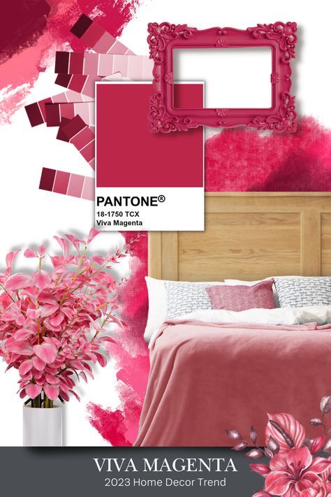 A mood board titles Viva Magenta, 2023 Home Decor Trend. It has a bed with a light magenta blanket and pillow. The Viva Magenta Pantone is centered with swatches from rich Viva Magenta to white. Bursts of Magenta are throughout the background. Magenta Decor, Magenta Bedding, Terracotta Interior Design, Red Office, Raspberry Color, Theme Nature, Interior Color Schemes, Home Decor Colors, Bedroom Red