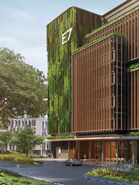 Building With Plants Exterior, Green Elevation Architecture, Low Rise Apartment Building Architecture, Modern Commercial Building Facade Design, Office Building Facade Design Modern, Second Skin Facade, Tropical Building, Green Building Architecture, Office Exterior