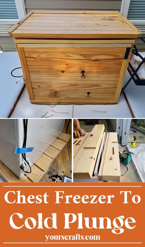 Chest Freezer to Cold Plunge Hide Chest Freezer Wood, Deep Freezer Makeover Wood, Diy Chest Freezer Cover, Freezer Cold Plunge, Diy Cold Plunge, Diy Cold Plunge Tub Freezer, Chest Freezer Cold Plunge, Deep Freezer Chest, Diy Chest