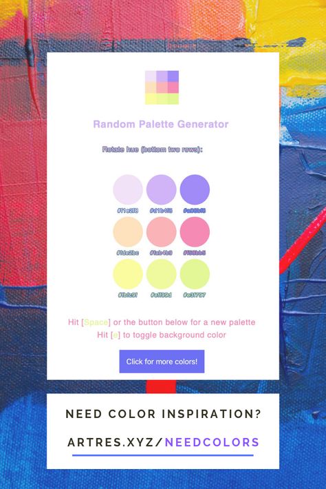 Need color inspiration? Check out the random color palette generator at arteries.xyz/needcolors Random Color Palette, Color Scheme Generator, Color Generator, Color Picker, Color Palette Generator, Art Generator, About Art, Generators, Color Wheel