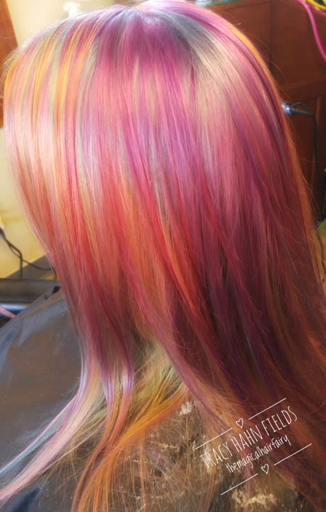 Vivid haircolor Pink Orange And Yellow Hair, Orange Green Hair, Orange And Pink Hair, Pink And Yellow Hair, Japanese Hair Color, Pink And Green Hair, Pink Hair Streaks, Pink And Orange Hair, Hair Stripes