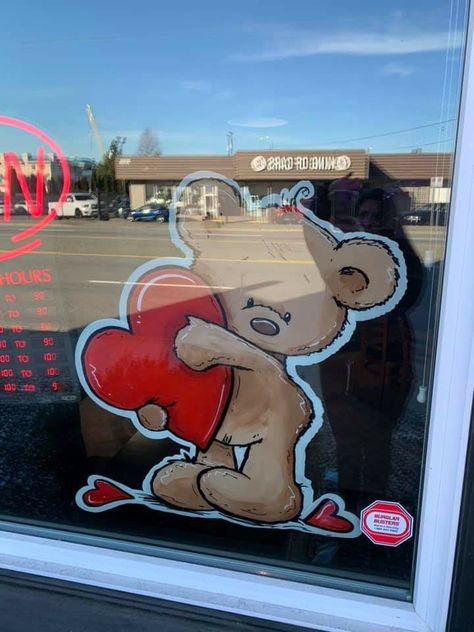 Valentine’s Day Window Art, Valentine Window Painting Ideas, Valentine’s Day Window Painting, Valentines Window Art, Valentines Window Painting, Fall Window Painting, Valentines Painting, Valentine Painting, Valentines Window Display