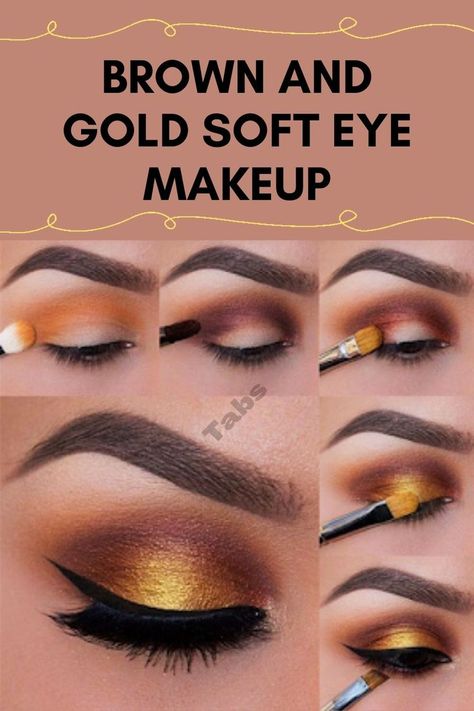 Brown and Gold Soft Eye Makeup Gold Metallic Eyeshadow Looks, Orange Brown Gold Eye Makeup, Golden Brown Eyeshadow, Cocktail Makeup Looks Brown Eyes, Copper Smokey Eye Makeup, Eyeshadow For Amber Eyes, Simple Gold Eyeshadow Looks, Gold Brown Eye Makeup, Copper Makeup Look Brown Eyes