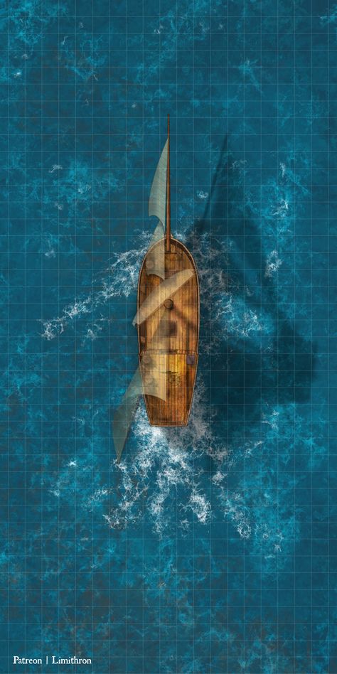 A small Pirate Sloop out at on the ocean. Free Battle Map. #limithron #battlemap #map #rpg #ttrpg #roll20 #vtt #foundry #dnd #pathfinder #5e #free #pirate #pirates #pirateship #ship #sailingship #sloop #sea #caribbean #ocean #pathfinder Dnd Sea Battle Map, Ship Battlemap Dnd, Dnd Boat Map, Dnd Ocean Map, Boat Battle Map, Ocean Battlemap, Dnd Ship Battle Map, Dnd Ship Map, Dnd Ocean