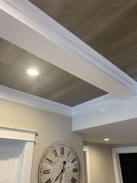 Drop ceiling created from laminate flooring made into sections set on beams. Laminate Flooring On Ceiling, Flooring On Ceiling, Ceiling With Beams, Laminate Wood Flooring, Drop Ceiling, Basement Ceiling, Dropped Ceiling, Floor Ceiling, Ceiling Panels