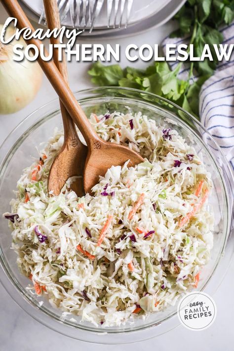 Easy coleslaw in minutes! This quick and simple Southern Coleslaw recipe features colorful shredded cabbage in a creamy and tangy coleslaw dressing for a Southern Coleslaw that’s perfect for BBQs, potlucks, and parties. You’ll love this creamy coleslaw for an easy salad side for family dinners too. This sweet and tangy Southern Coleslaw recipe is one for the keeper files! Coleslaw For Sliders, Tangy Coleslaw Dressing, Home Made Coleslaw, Southern Coleslaw Recipe, Tangy Coleslaw, Southern Coleslaw, Spicy Pulled Pork, Easy Coleslaw, Viral Recipes