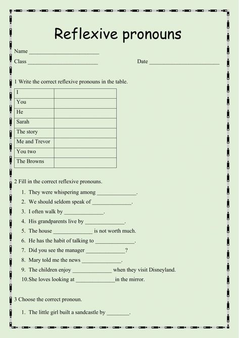 Reflexive Pronouns Activities, Reflexive Pronouns Worksheet, Pronouns Exercises, Reflexive Pronouns, Pronouns Worksheet, Pronoun Activities, Telling Time Practice, English Grammar Exercises, Grammar Exercises